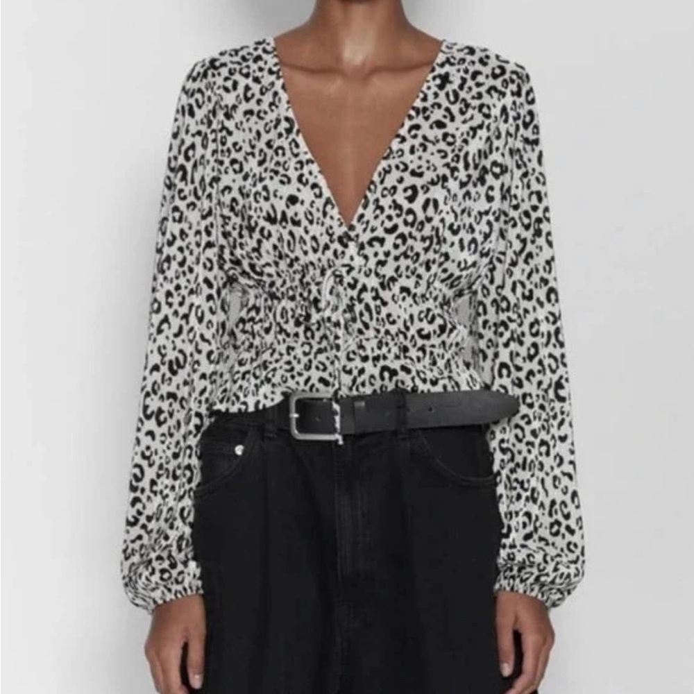 Zara Leopard Print Pleated Long Sleeve Top